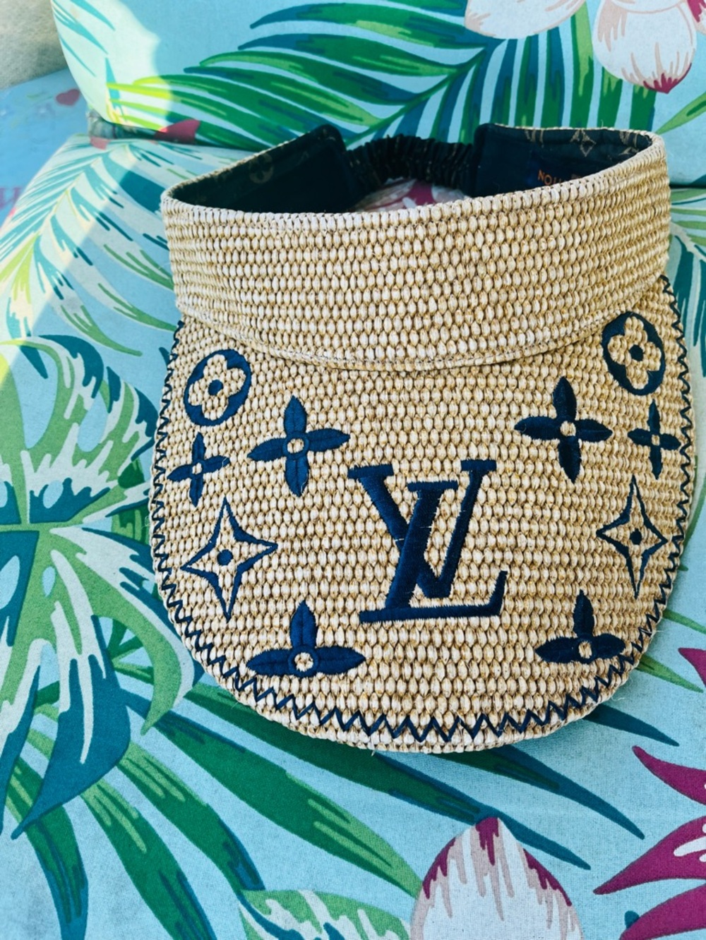 Louis Vuitton Natural Straw Visor with Navy Monogram Embroidery Fashion